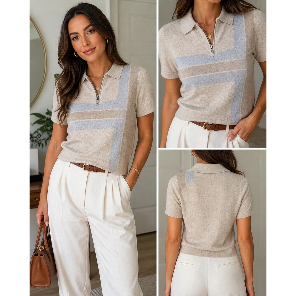 Ted Baker Ambler Wool Quarter Zip Polo Sweater 4 Beige Blue Minimalist Preppy